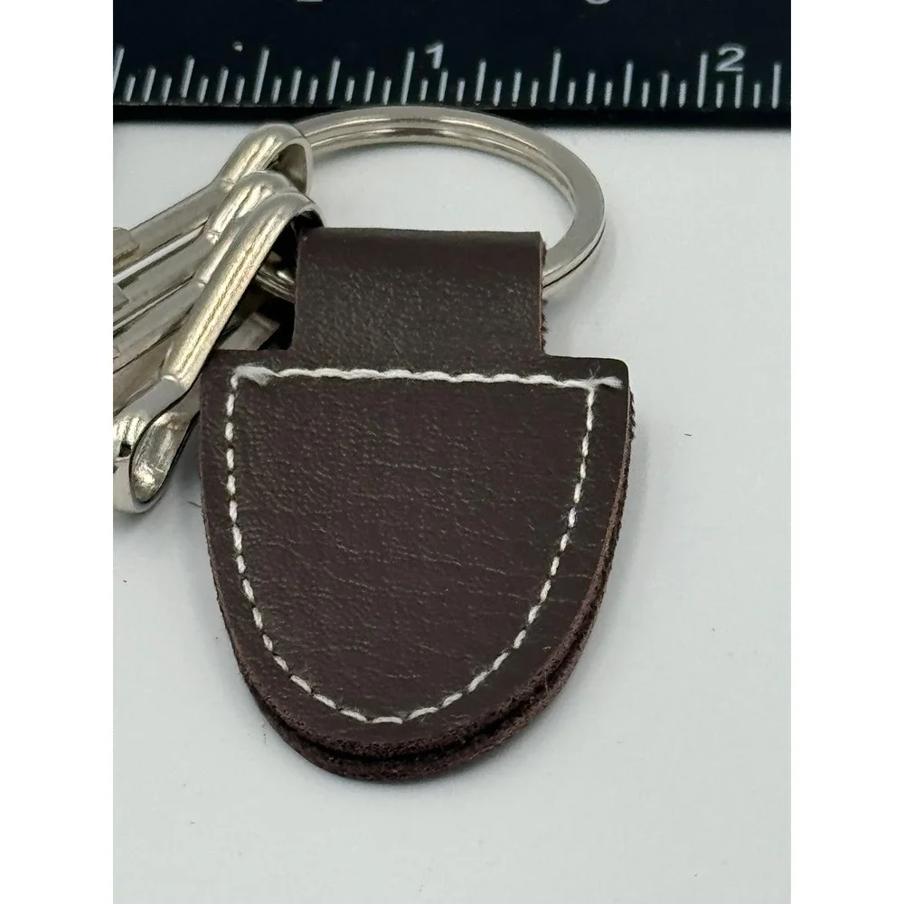 Brown Faux Leather Key Fob Keychain‎ with 4 Silver Key Clips Contrast Stitching